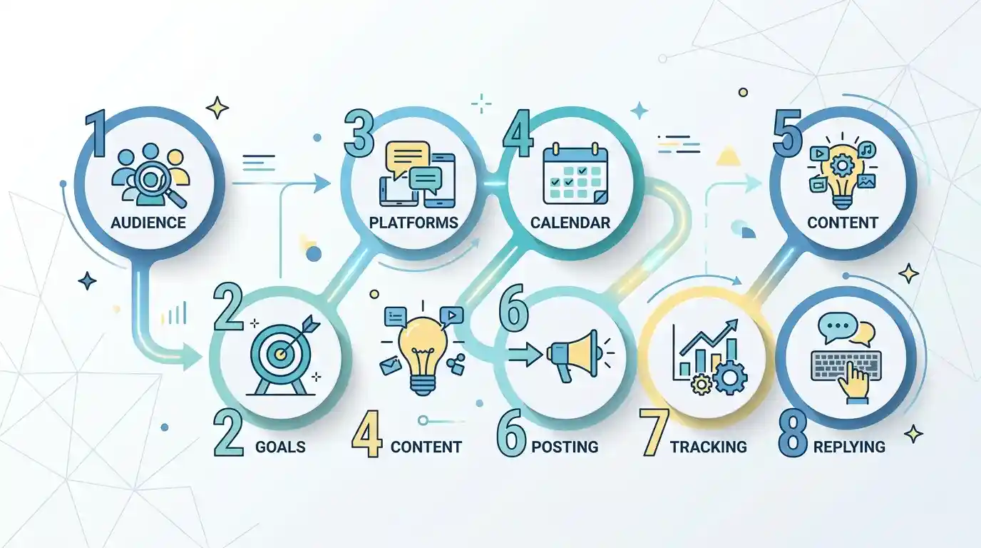 An 8-step infographic detailing how to build an effective social media strategy for business. The workflow icons include identifying target audience, setting marketing goals, selecting social media platforms, creating a content calendar, developing digital content, consistent posting, tracking performance, and replying for customer engagement.