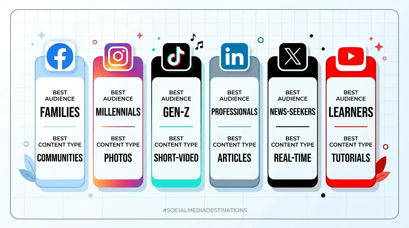 Social media marketing platforms comparison showing best audience and content type for Facebook, Instagram, TikTok, LinkedIn, X and YouTube