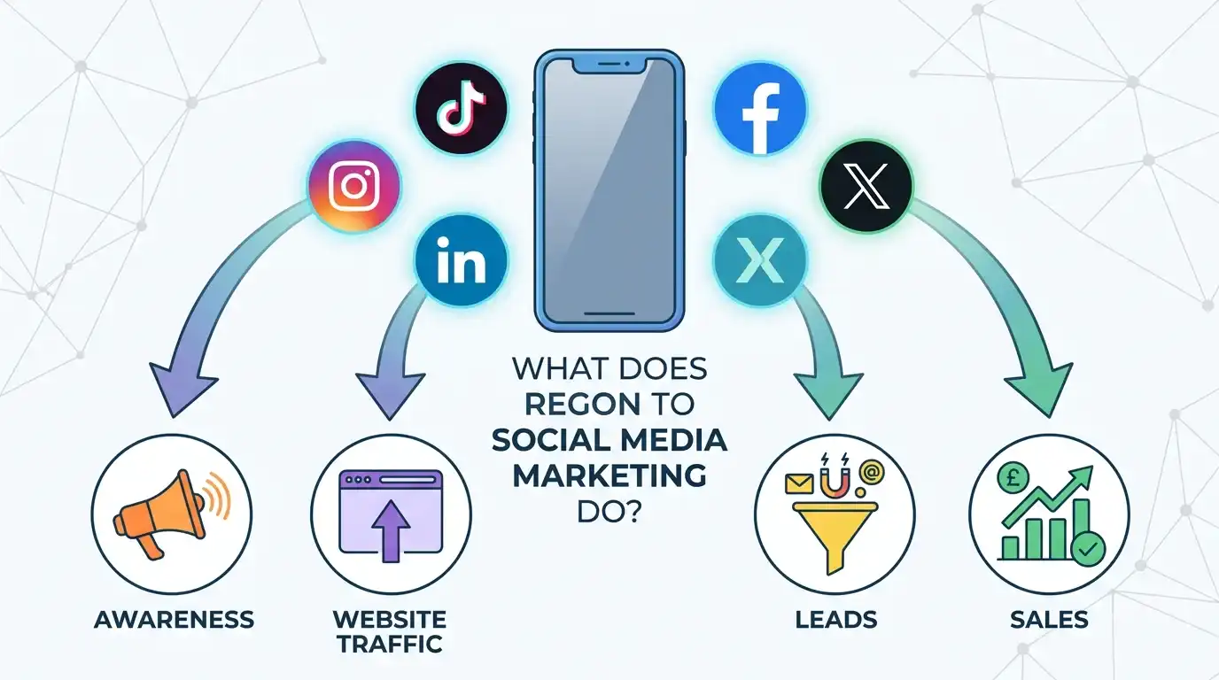 What does social media marketing do infographic showing Instagram, TikTok, LinkedIn, Facebook and X driving brand awareness, website traffic, leads and sales