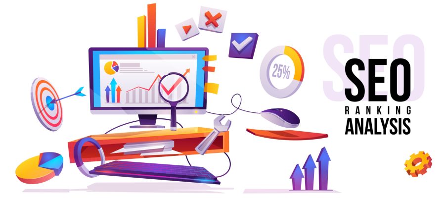 SEO ranking analysis banner. Technology for internet marketing and digital business content. Computer desktop with wrench, magnifier, graphs and media icons around, Cartoon vector illustration, poster